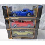 THREE MAISTO 1:18 SCALE MODEL CARS INCLUDING DODGE VIPER GTS TOGETHER WITH MUSTANG MACH 111 AND