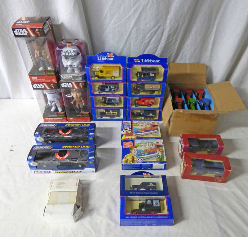 THREE STAR WARS BOBBLE HEAD FIGURES, VARIOUS JIG SAWS, LLEDO MODEL VEHICLES AND OTHERS.