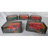 FIVE BURAGO 1:24 SCALE MODEL FERRARI CARS INCLUDING 250 GTO (1962), TESTA ROSSA (1957), 250 LM,