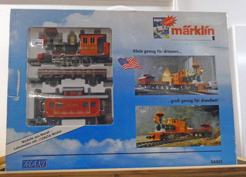 MARKLIN MAXI S54401 - WESTERN STARTER SET WITH METAL TANK LOCOMOTIVE: CABOOSE, LOW SIDE CAR, TRACK,