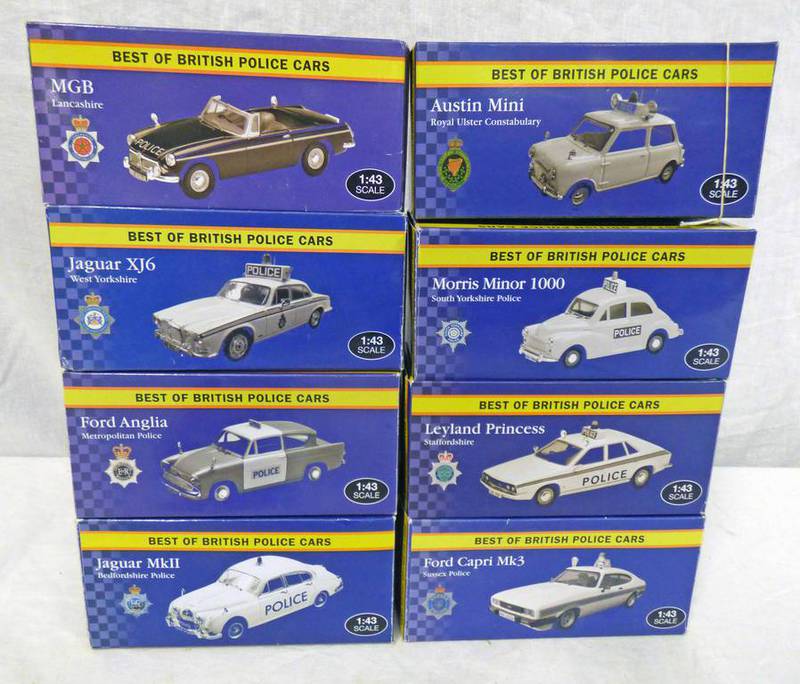 EIGHT ATLAS EDITIONS 1:43 SCALE MODEL CARS FROM THE BEST OF BRITISH POLICE CARS SERIES INCLDUING