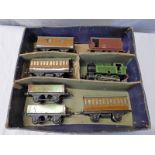 HORNBY 0 GAUGE 0-4-0 LNER 460 CLOCKWORK LOCOMOTIVE TOGETHER WITH LNER TEAK COACHES AND OTHERS