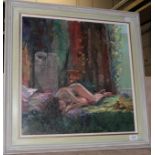 Bob Brown NEAC (b.1936) Reclining nude Signed and dated (19)93, oil on canvas, 50cm by 50cm Artist's