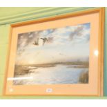 O.Williams, Ducks in flight over a pond, signed, watercolour