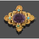 A Belle Epoque Amethyst and Turquoise Brooch, the central oval cut amethyst in yellow claw and