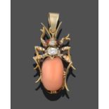 A Coral, Diamond and Red Stone Beetle Pendant, the beetle realistically modelled with a cabochon