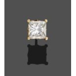 An 18 Carat Gold Single Diamond Solitaire Earring, by De Beers, the princess cut diamond in a yellow
