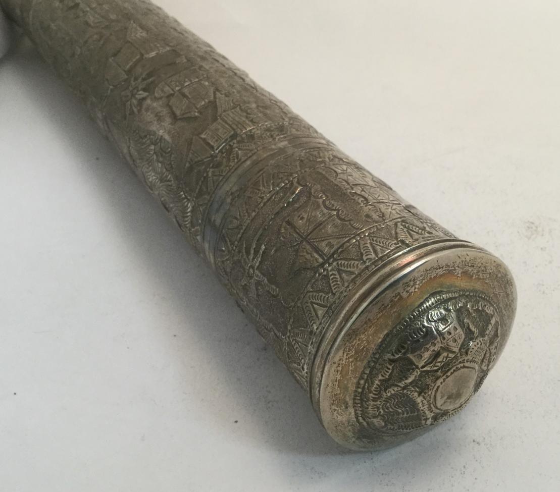 An Indian Silver Scroll-Holder, Apparently Unmarked, dated 1911, tubular and chased with buildings - Image 5 of 6