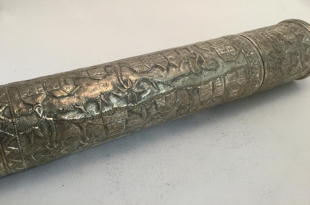 An Indian Silver Scroll-Holder, Apparently Unmarked, dated 1911, tubular and chased with buildings - Image 4 of 6