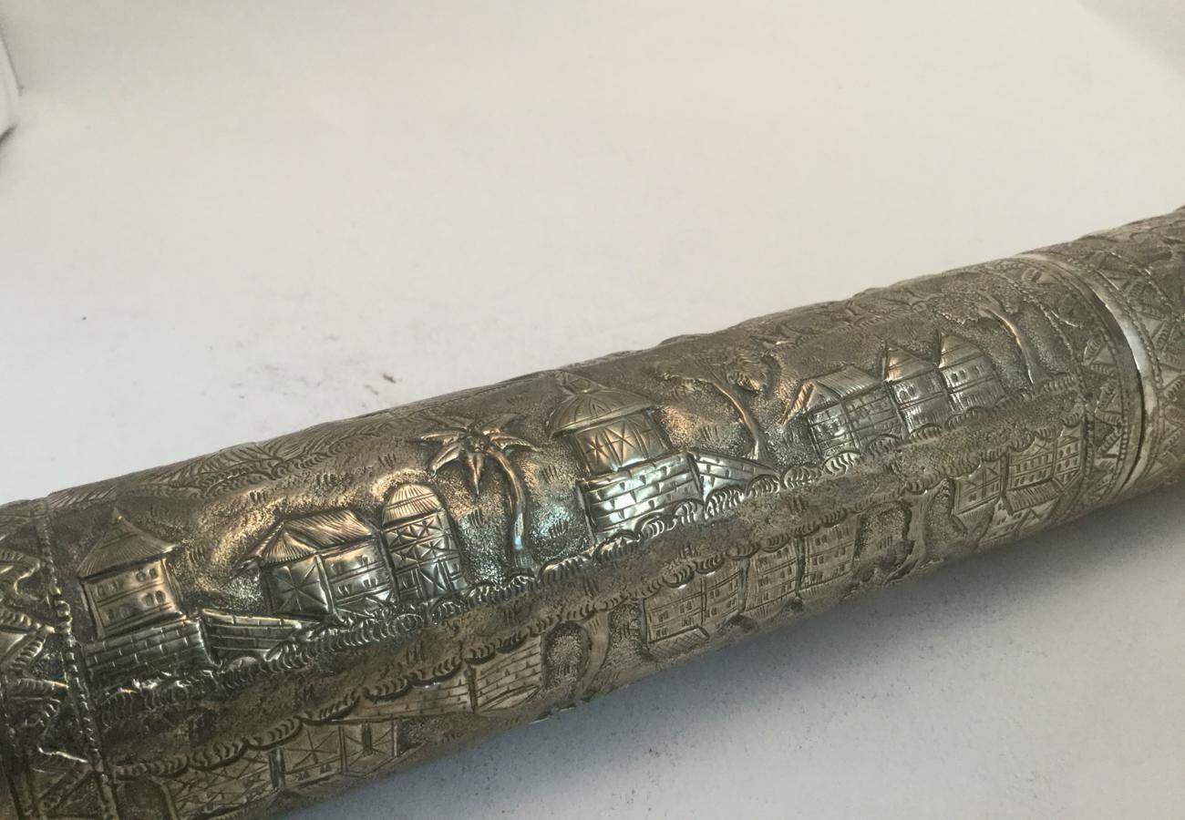 An Indian Silver Scroll-Holder, Apparently Unmarked, dated 1911, tubular and chased with buildings - Image 3 of 6