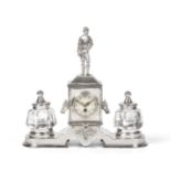 A Silver-Plated Inkstand Timepiece, 20th Century, oblong, the base with rests for the two silver-