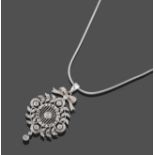 An 18 Carat White Gold Diamond Pendant on a 9 Carat White Gold Chain, a bow motif suspends a