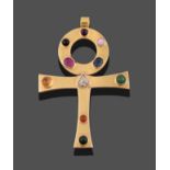 A Multi-Gem Set Cross Pendant, the cross motif set throughout with amethyst, opal, sapphire, ruby,
