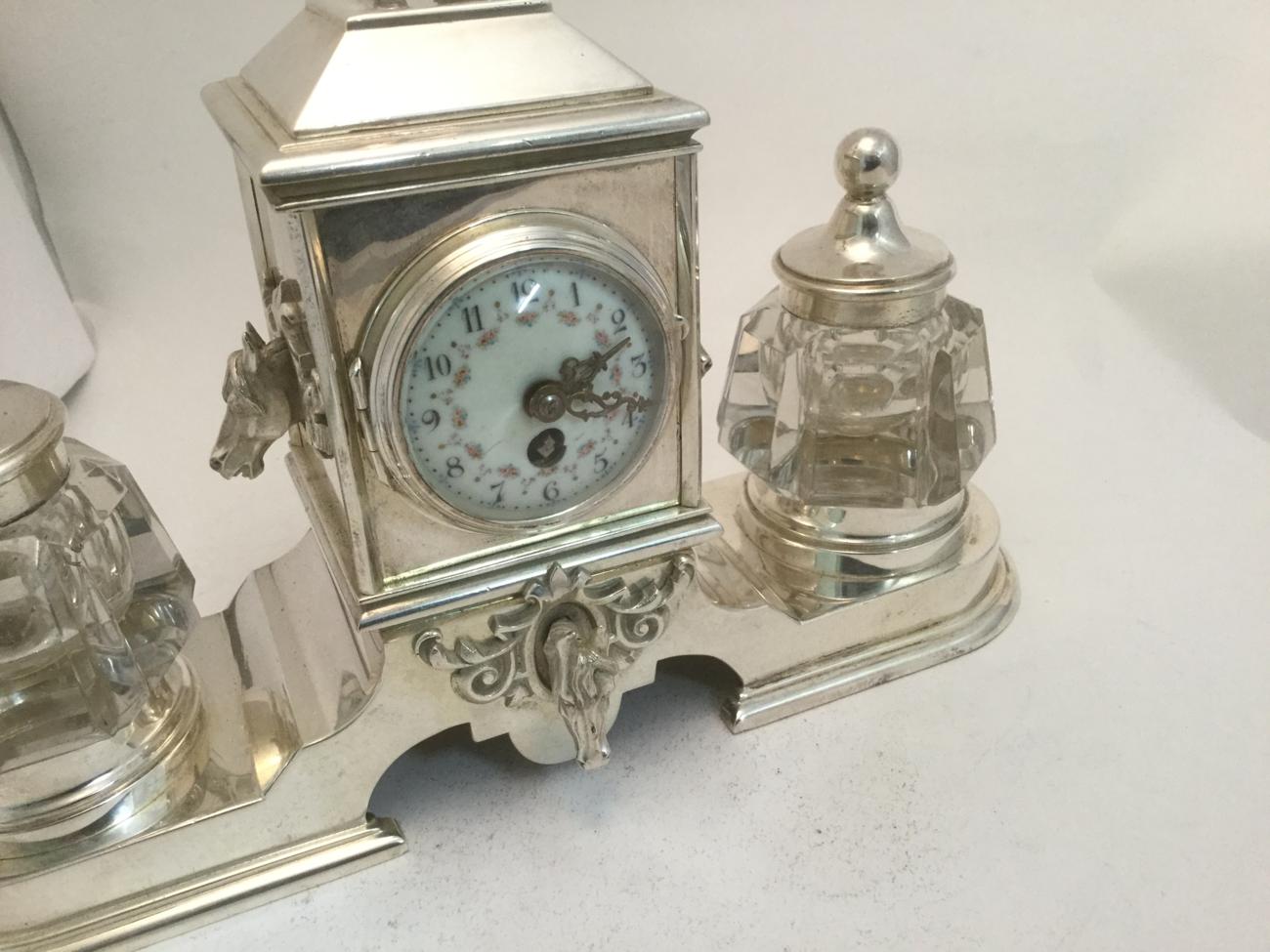 A Silver-Plated Inkstand Timepiece, 20th Century, oblong, the base with rests for the two silver- - Image 3 of 6