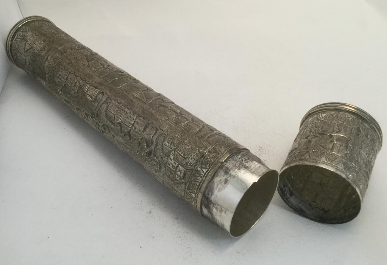 An Indian Silver Scroll-Holder, Apparently Unmarked, dated 1911, tubular and chased with buildings - Image 6 of 6