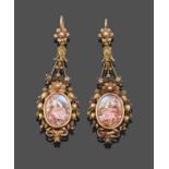 A Pair of Seed Pearl and Diamond Drop Earrings, a seed pearl in a yellow floral motif border