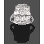 An Art Deco Style Diamond Cluster Ring, the plaque form inset with round brilliant and baguette