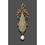 A French Ruby, Chalcedony, Cultured Pearl and Diamond Pendant, circa 1890, the pear shaped