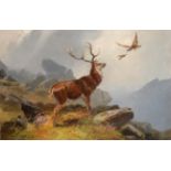 Clarence Henry Roe (1850-1909) Stag in a highland landscape with bird of prey Signed, oil on canvas,