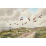 Robert Milliken (b.1920) Irish Grouse above the moorland Signed, watercolour heightened with