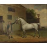 Follower of Harry Hall (1814-1882) Groom with white stallion in stable yard Oil on canvas, 62cm by