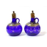 A Pair of Gilt Metal Mounted Blue Glass Flagons, late 18th century, of flattened ovoid form with