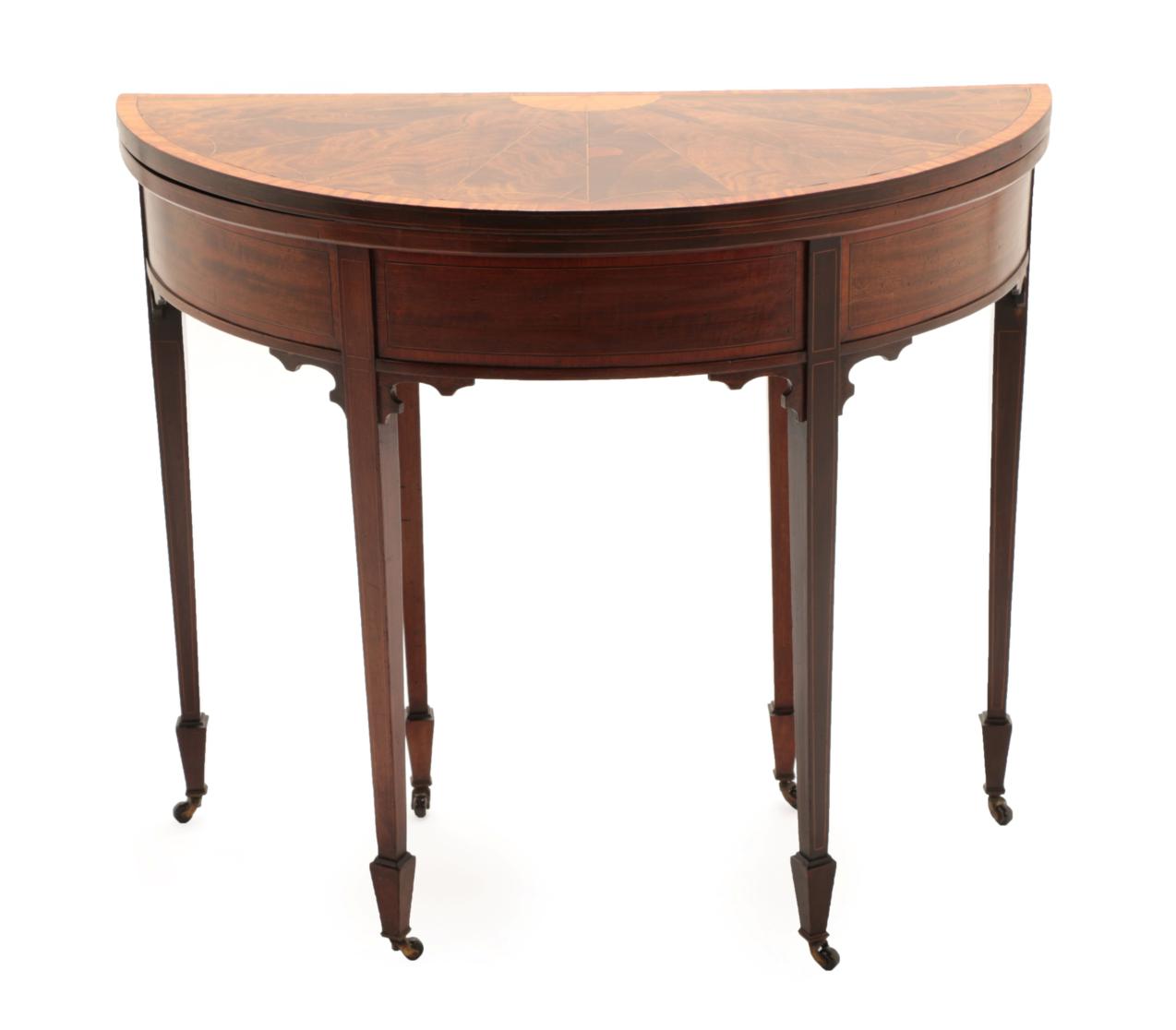 A George III Style Mahogany, Satinwood Crossbanded and Ebony and Boxwood Strung Foldover Card Table,