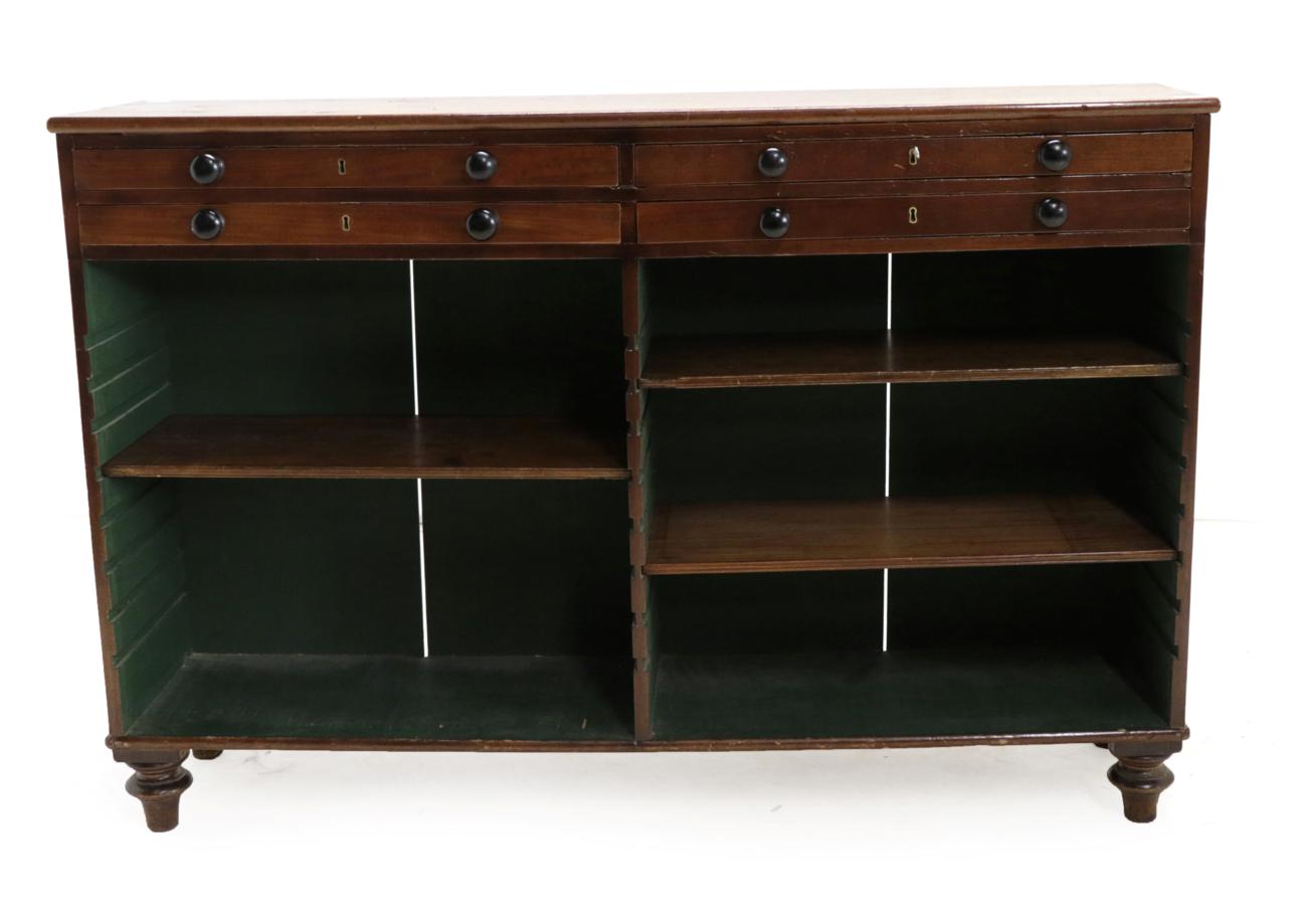 A Victorian Mahogany Dwarf Bookcase, mid 19th century, with four frieze drawers with turned and