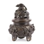 A Japanese Copper Alloy Koro and Cover, Meiji period, of ovoid form, cast and pierced with tree rats