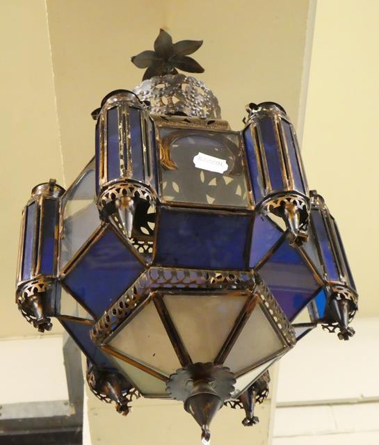 A Spanish Neo-Mudejar Patinated Copper Hall Lantern, late 19th/early 20th century, of hexagonal - Image 3 of 4