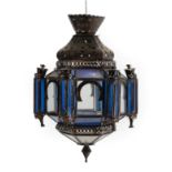 A Spanish Neo-Mudejar Patinated Copper Hall Lantern, late 19th/early 20th century, of hexagonal