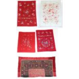 Chinese Silk Embroidery, 20th century, the celadon field of crimson naturalistic floral sprays,