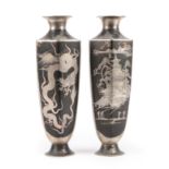 A Pair of Japanese Patinated White Metal Vases, Meiji period, of octagonal baluster form,