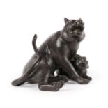 A Japanese Bronze Figure of a Wild Cat, Meiji period, seated, a forepaw on her cub, three