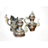 A Tibetan White Metal Mounted Copper Tea Service, late 19th/early 20th century, of baluster form