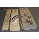 Chinese School Scroll painting of flowering prunus by moonlight with script and seal mark Gouache,