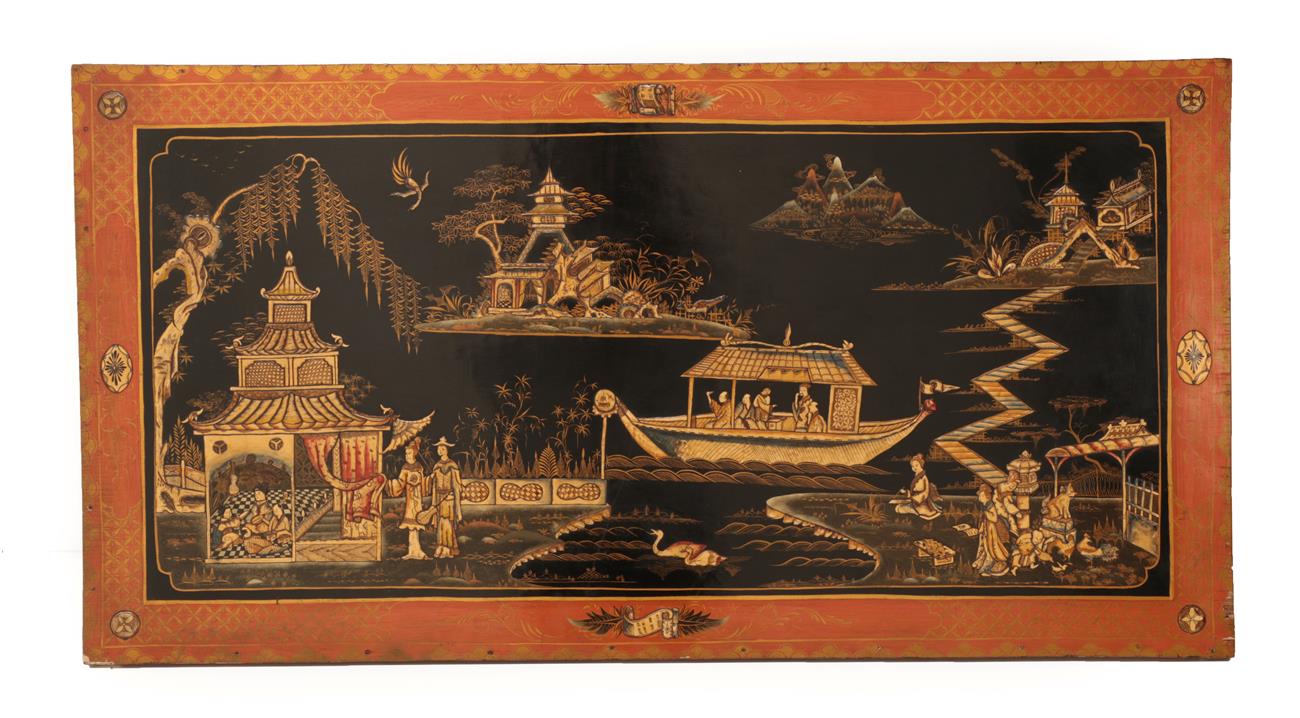 A Chinese Lacquer Panel, early 20th century, of rectangular form, decorated with figures, boats