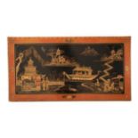 A Chinese Lacquer Panel, early 20th century, of rectangular form, decorated with figures, boats