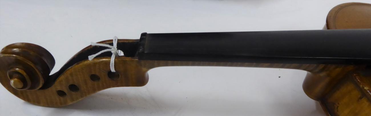 Violin 13 1/4'' two piece back, ebony fingerboard, no label, cased with two bows Violin appears to - Image 7 of 13