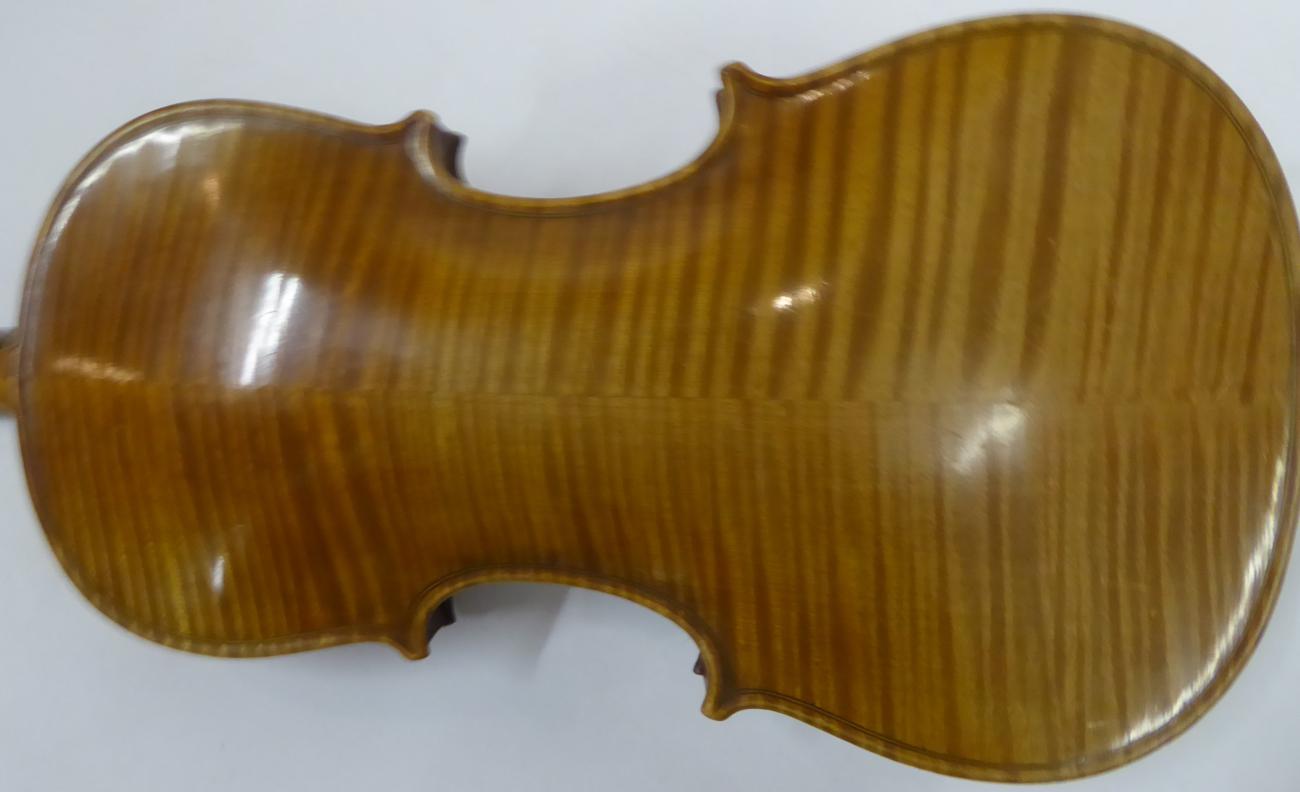 Violin 13 1/4'' two piece back, ebony fingerboard, no label, cased with two bows Violin appears to - Image 12 of 13