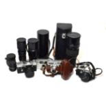 Various Cameras including Pentaz ME Super with SMC f1.7 50mm lens; Zenit EM with Helios 44m 2/58