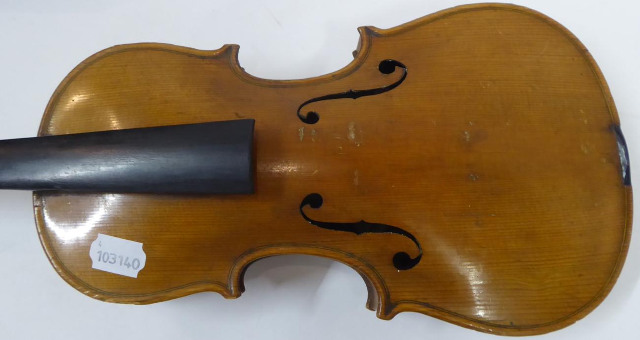 Violin 13 1/4'' two piece back, ebony fingerboard, no label, cased with two bows Violin appears to - Image 9 of 13