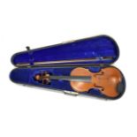 Violin 14 1/8'' two piece back, ebony fingerboard, no label, in coffin case with bowSigns of head/