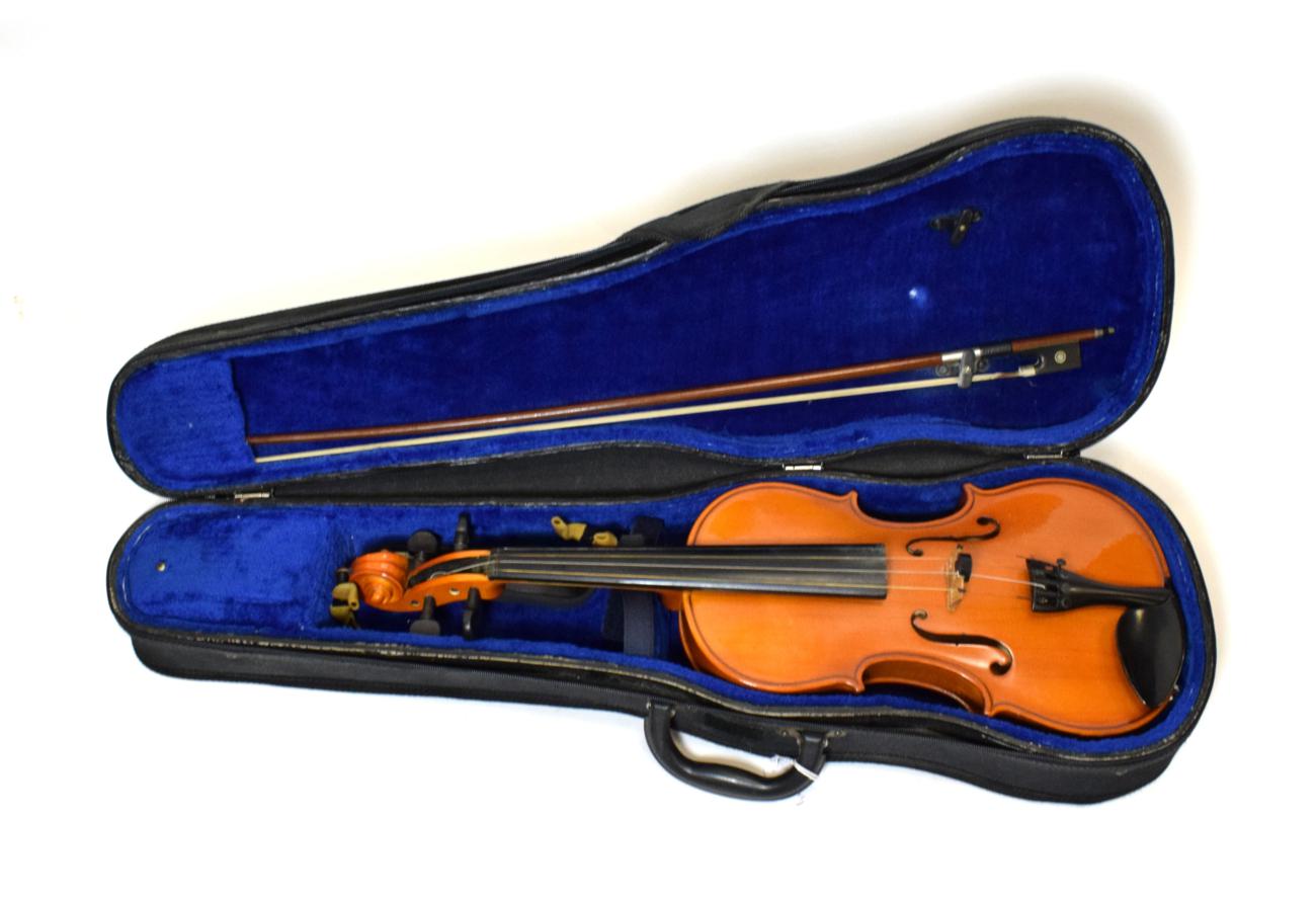 Violin 14'' two piece back, no maker's mark or label, cased with bow