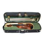 Violin 14'' two piece back, with label 'Kaiming Violins No,079' cased with three bows