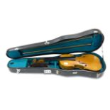 Violin 13 1/4'' two piece back, ebony fingerboard, no label, cased with two bows Violin appears to