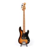 Fender Precision Bass sunburst finish, black scratchplate, maple neck, off-set pickup, two control