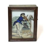 Automated Music Box with card figure playing the violin and tapping foot to front of glazed cabinet,