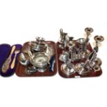 A collection of assorted silver-plate, including: a set of four candlesticks, one damaged; various