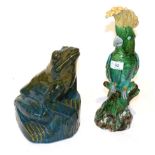 A Mintons majolica model of a green cockatoo and a green pottery frog